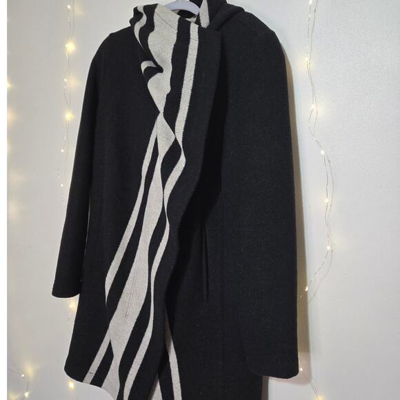 VINCE CAMUTO Wool Blend Striped Asymmetrical Hooded Long Coat Small Black Gray - Picture 6 of 16